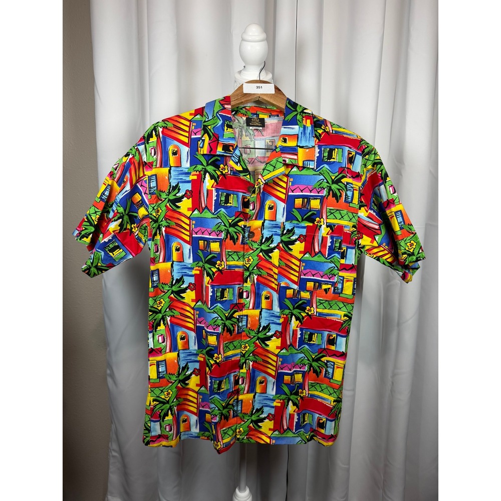 Toucan Dance Fast Lane Mens Medium Tropical Village Palm Tree Nylon Camp Shirt